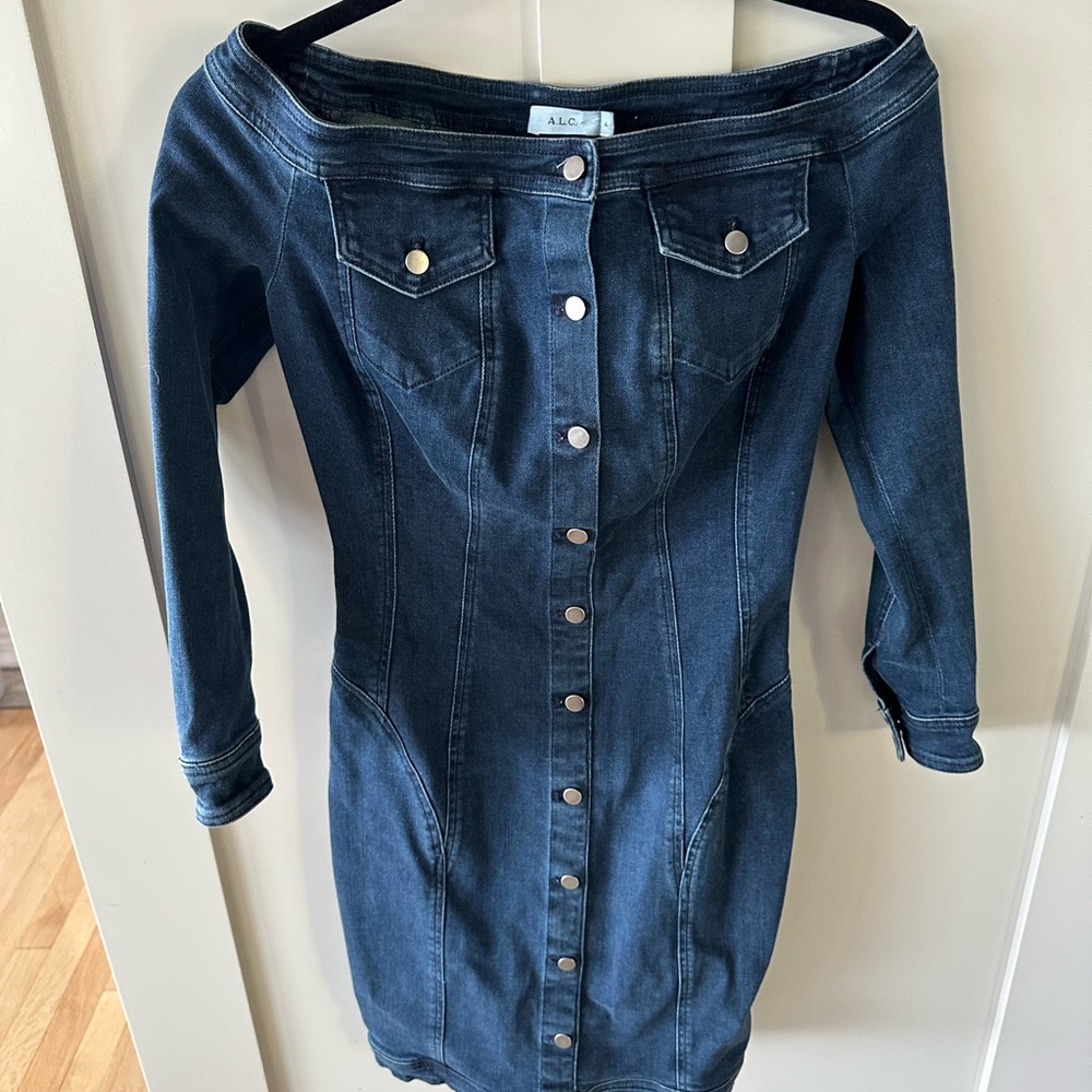 A.L.C. MIKA Dark Blue Denim Cotton Off-Shoulders Button Down MIDI Dress Size 4